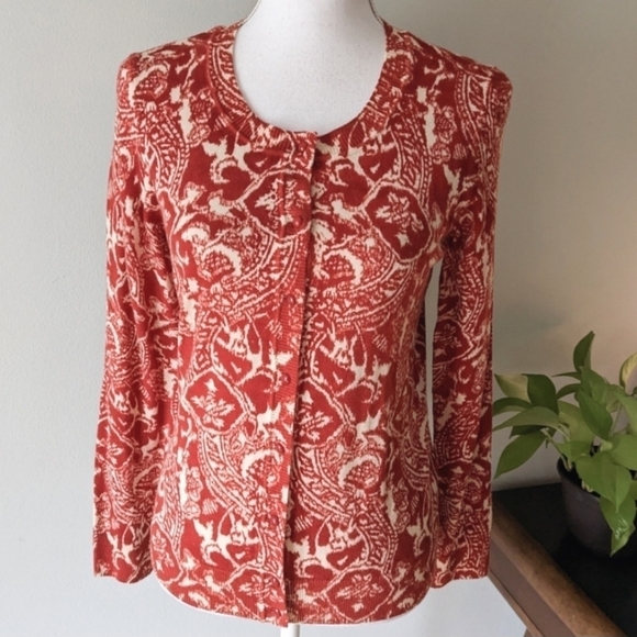 Talbots Pure Italian Merino Wool Cardigan Sweater Rust Cream Women's Medium M - Picture 1 of 11